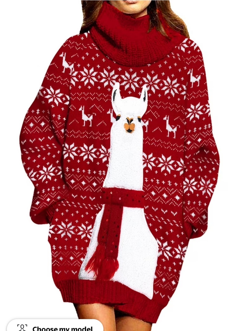Cozy Christmas Red Cowl Neck Llama Knit Sweater Dress size L new